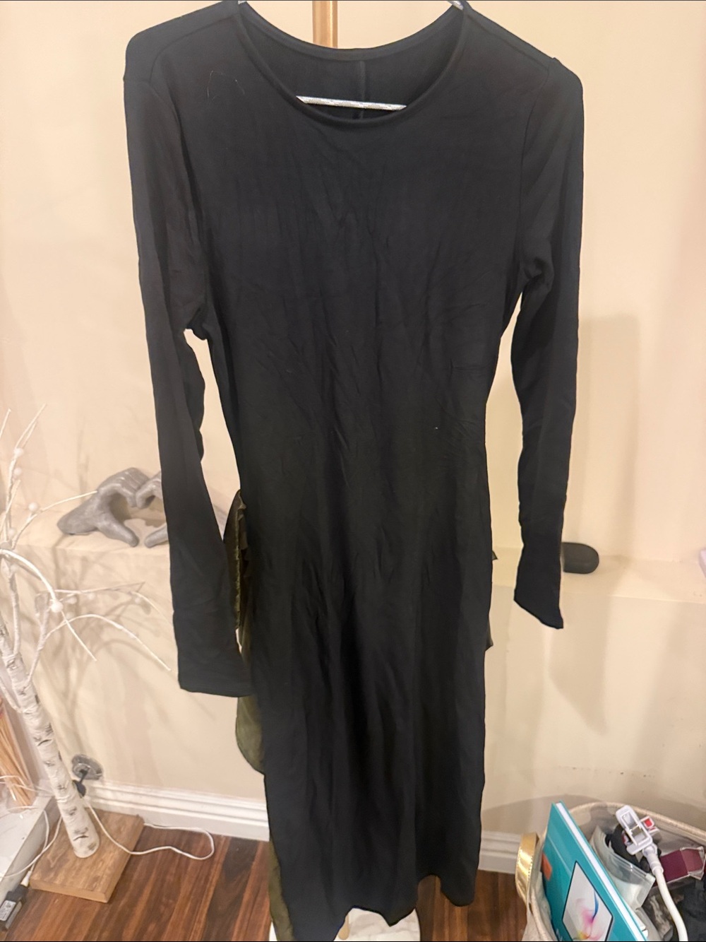 Commense Long Sleeve Black and Olive Green Ruched Dress S